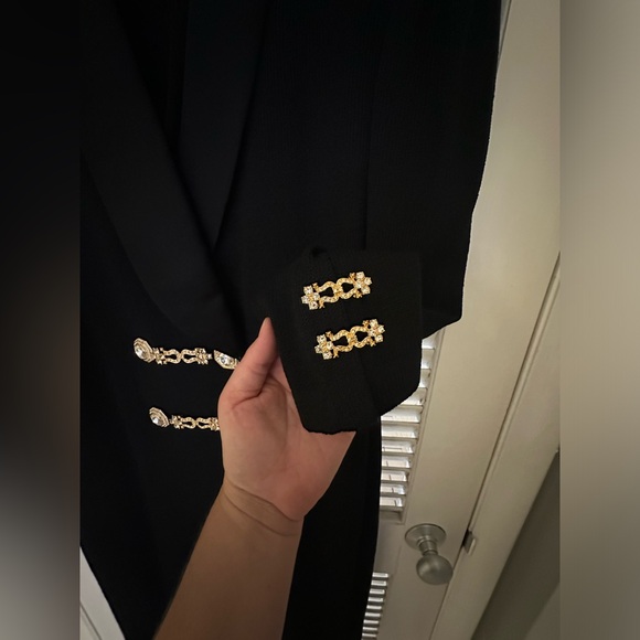 St. John Evening formal black dress. With silk collar, gold, and rhinestones. - Picture 3 of 4